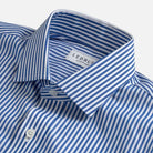 Close-up of a blue and white striped dress shirt collar with a visible LEDBURY label, shown on a light gray background.