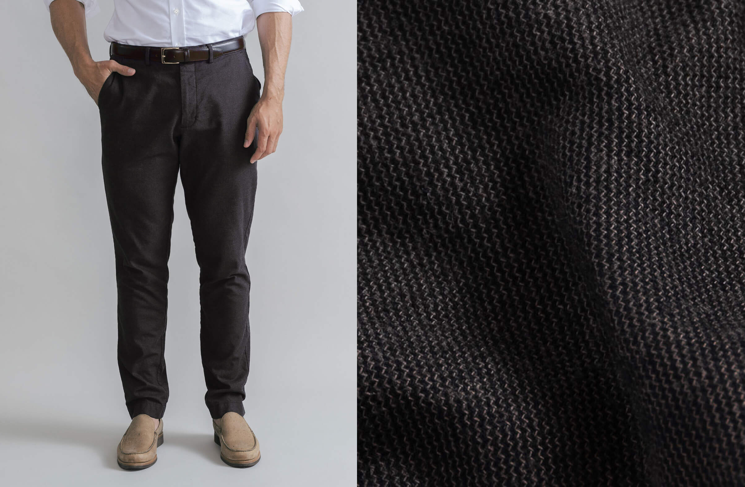 Split image showing the Ledbury Brushed Cotton Dress Chino on a model on the left, and fabric closeup on the right.