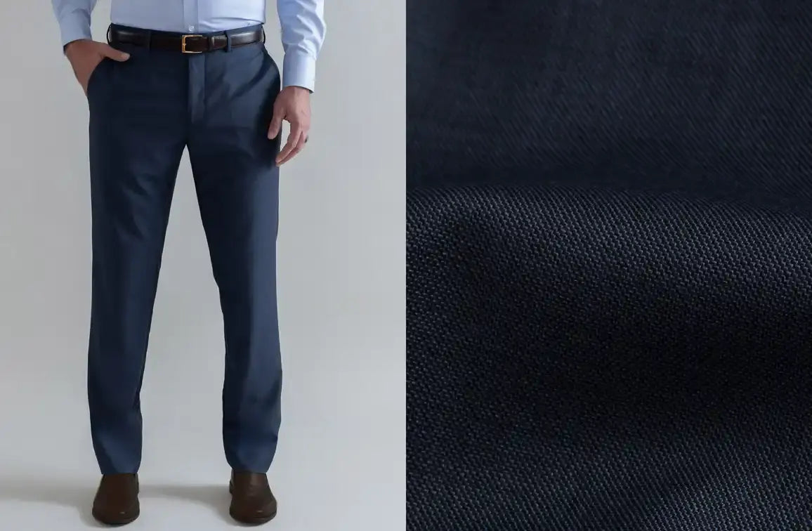 Navy blue pants worn by a person on a light gray background with a close-up of the fabric texture on the right.