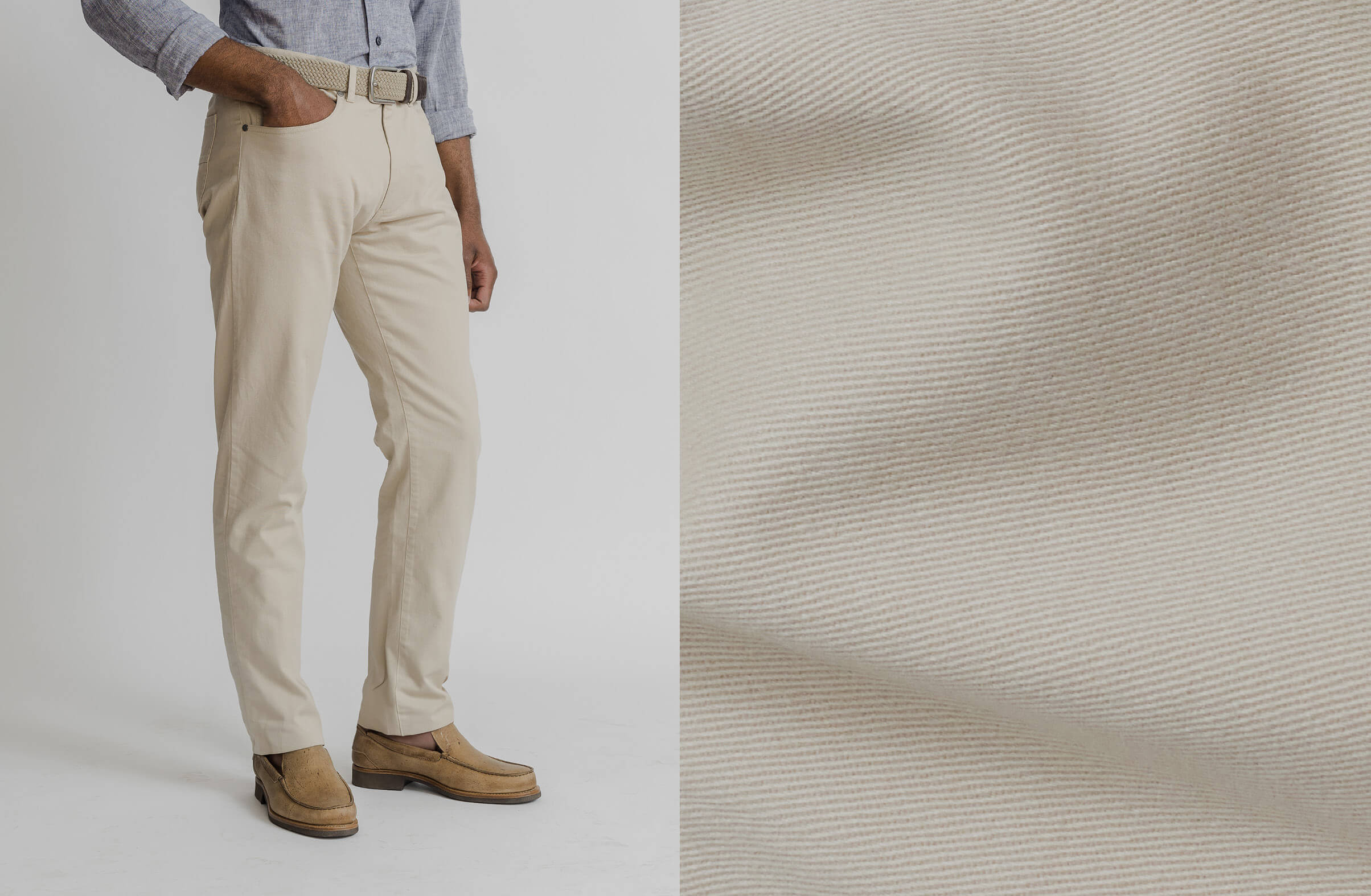 Split image showing the Ledbury Franklin 5 Pocket on a model on the left, and fabric closeup on the right.