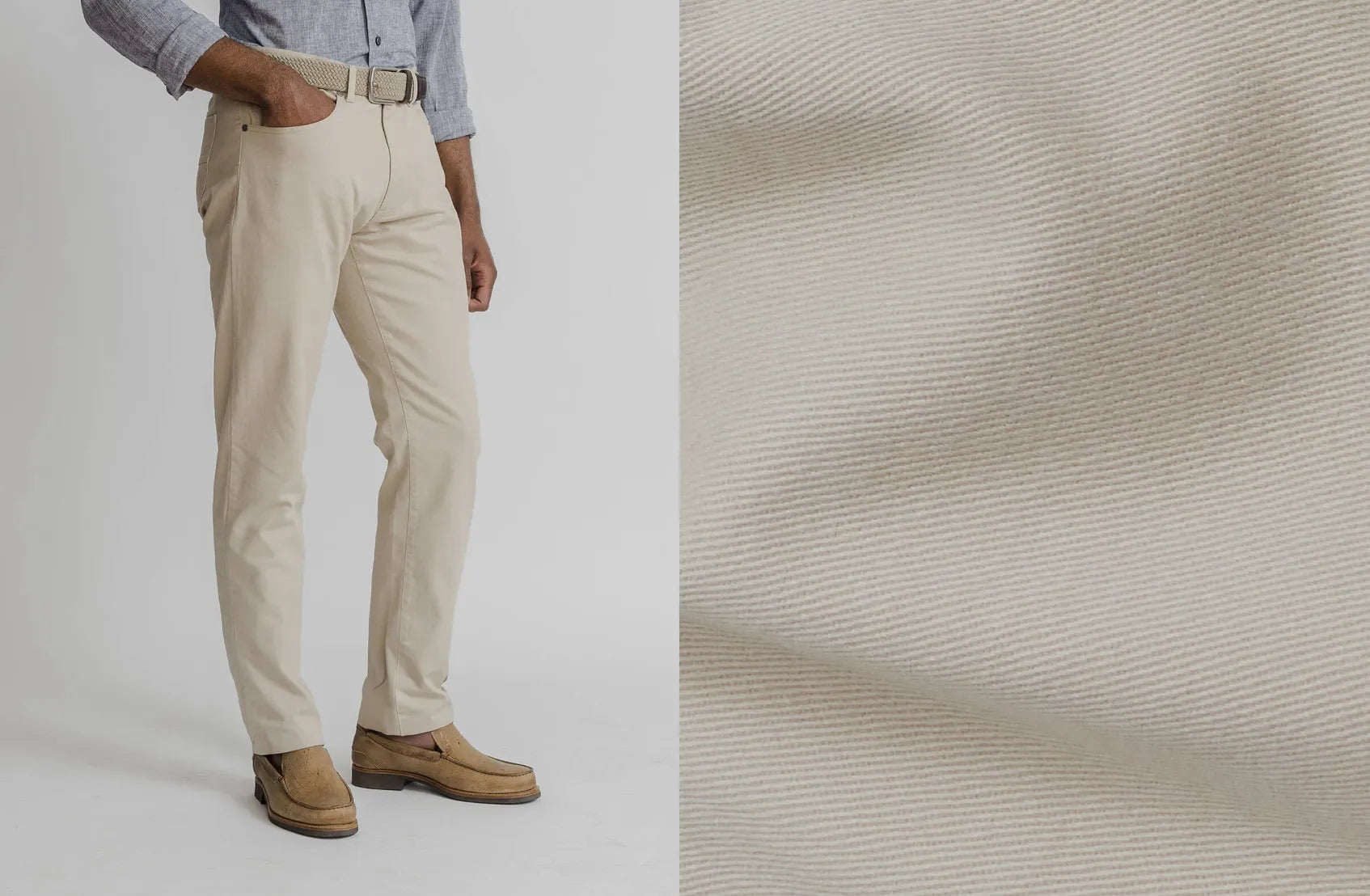 Split image showing the Ledbury Franklin 5 Pocket on a model on the left, and fabric closeup on the right.