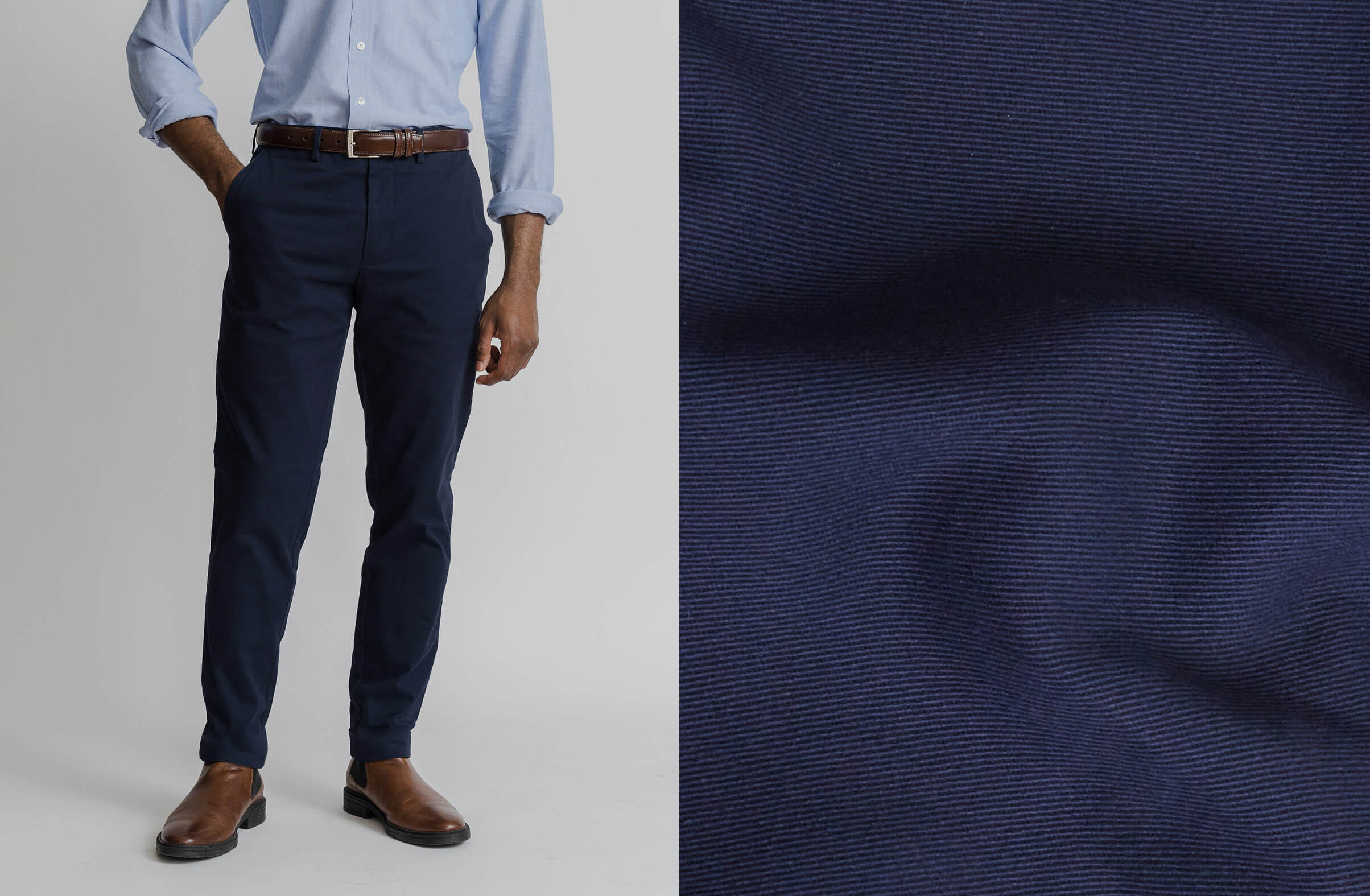 Split image showing the Ledbury navy Richmond Chino on a model on the left, and fabric closeup on the right.