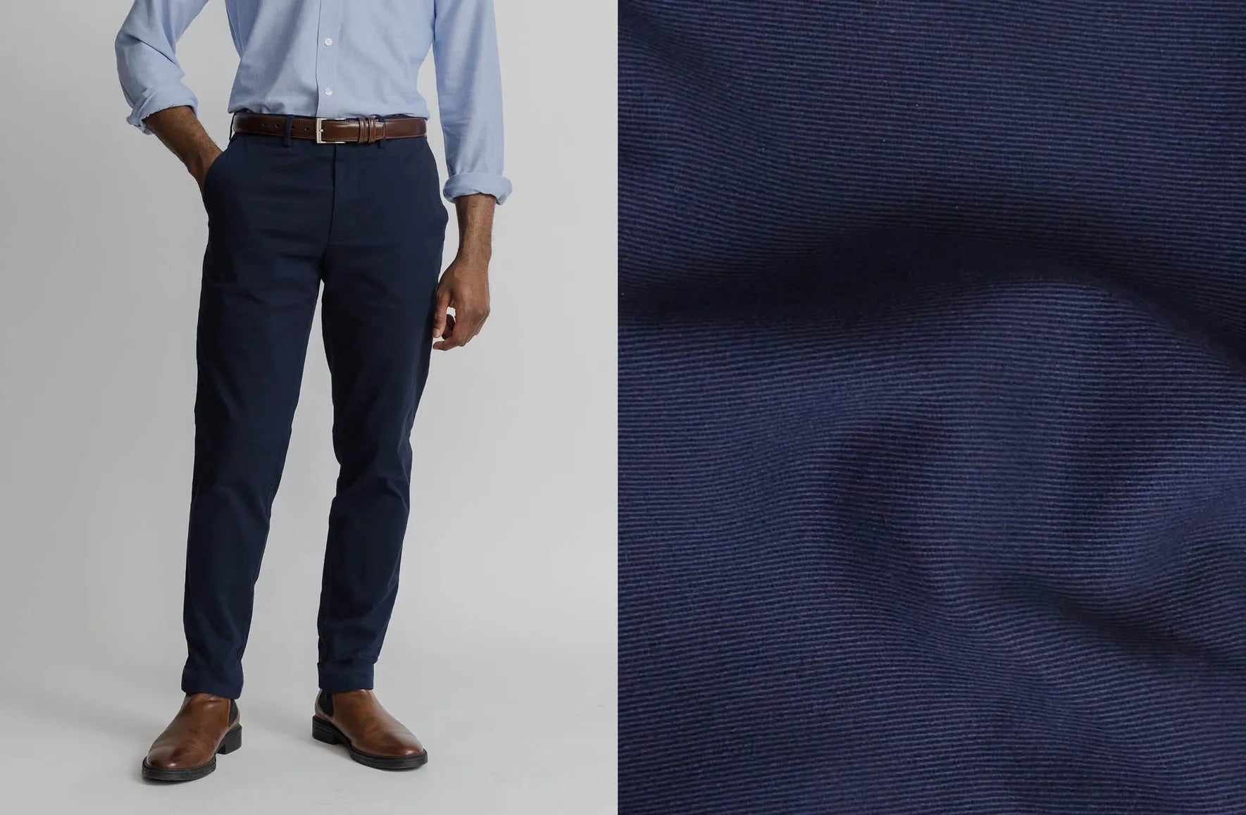 Split image showing the Ledbury navy Richmond Chino on a model on the left, and fabric closeup on the right.