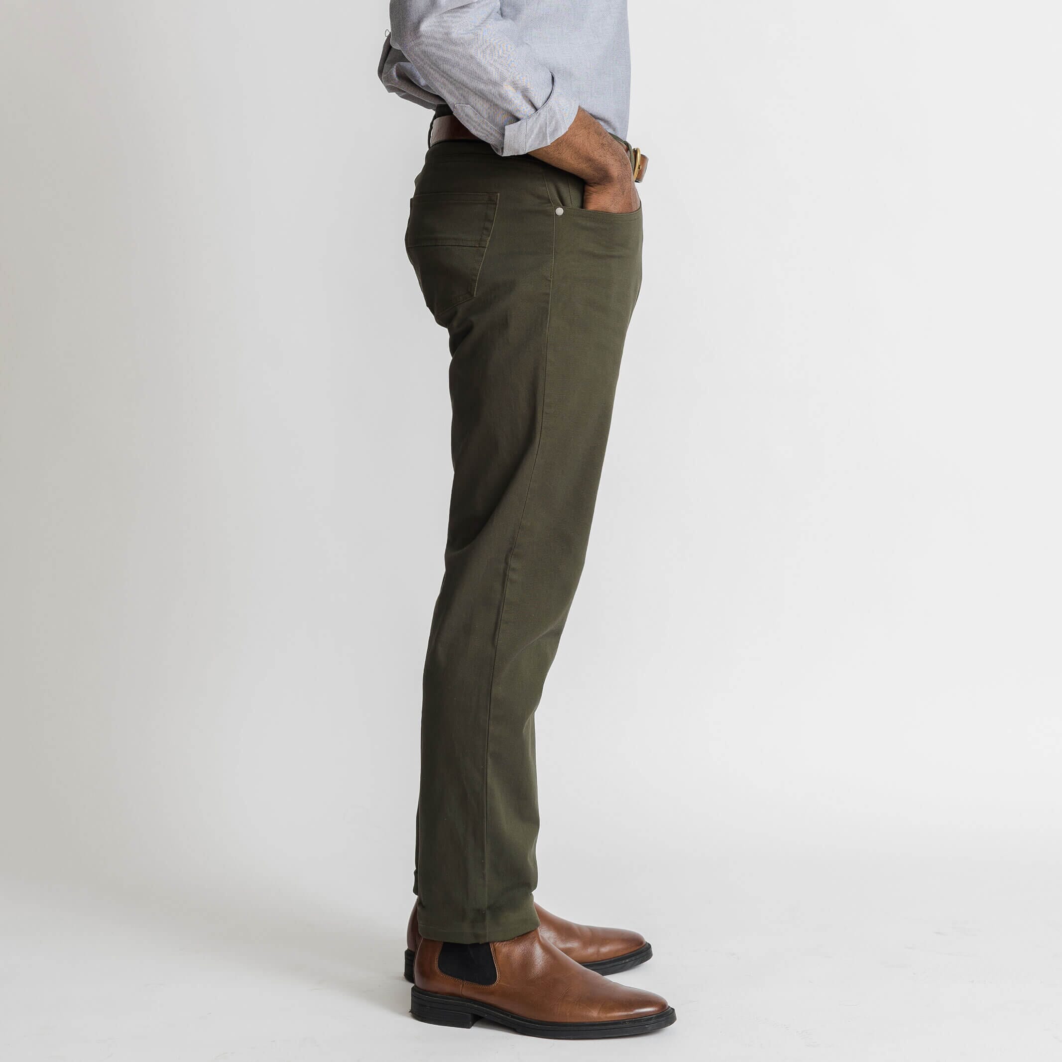 Ledbury Forest Franklin 5 Pocket Custom Pant — side view showing clean lines and tailored silhouette