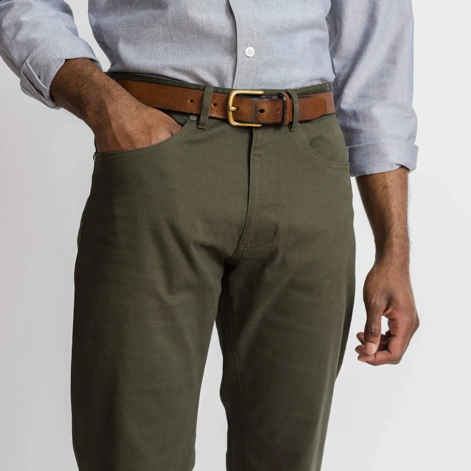 Ledbury Forest Franklin 5 Pocket Custom Pant — detail view of fabric and five-pocket styling