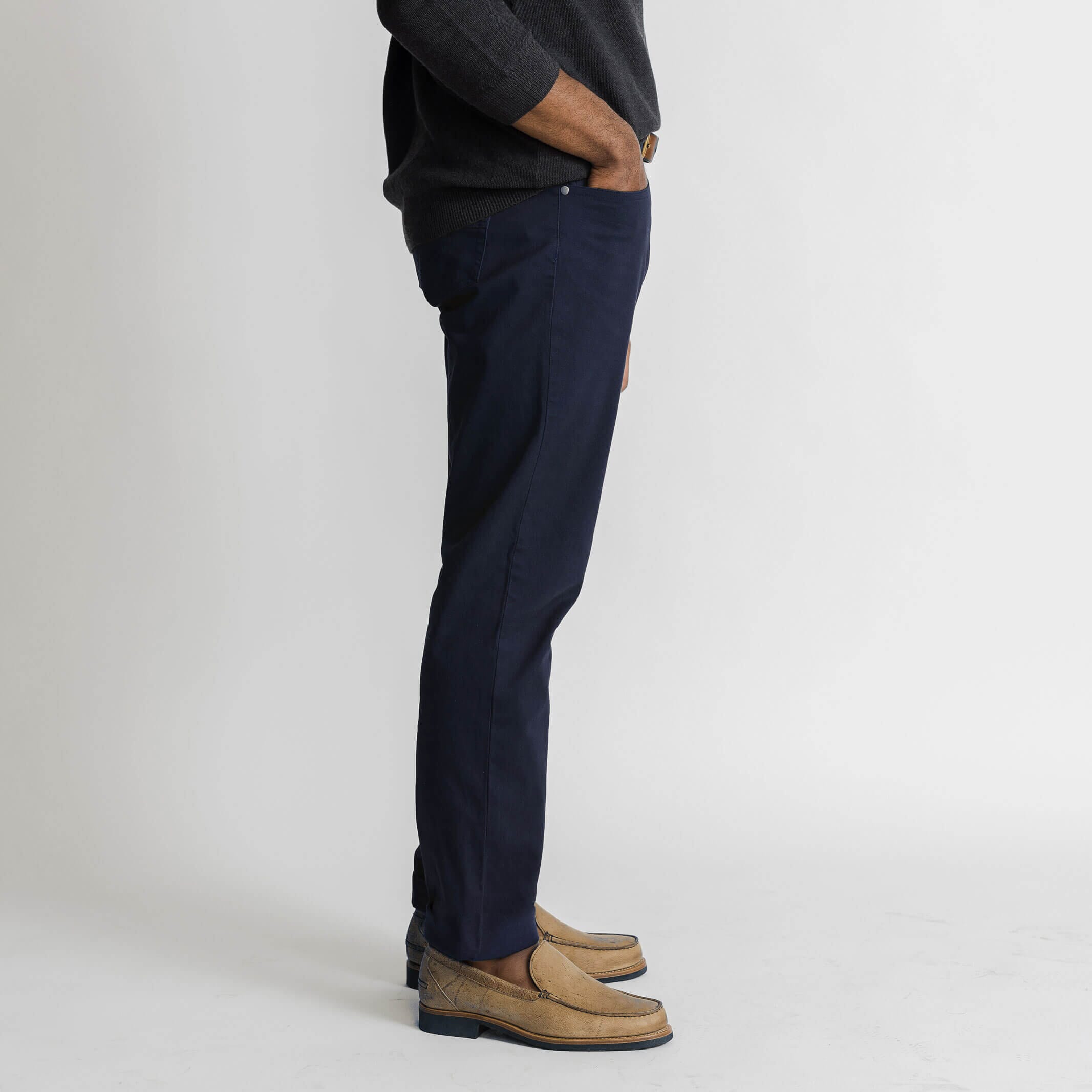 Ledbury Navy Franklin 5 Pocket Custom Pant — side view showing clean lines and tailored silhouette