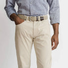 Ledbury Tan Franklin 5 Pocket Custom Pant — detail view of fabric and five-pocket styling