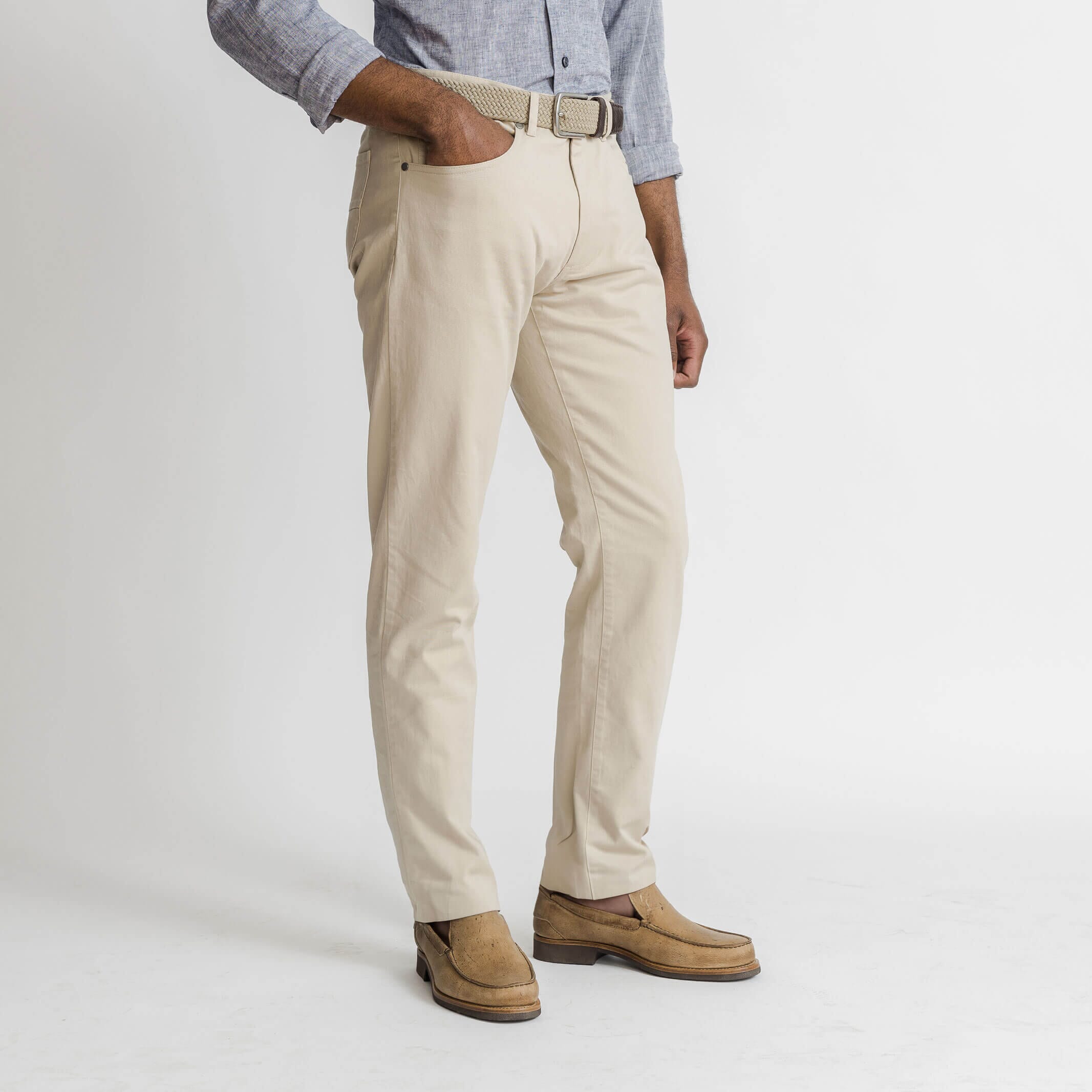 Ledbury Tan Franklin 5 Pocket Custom Pant — full front view, made to order in your choice of fit and inseam
