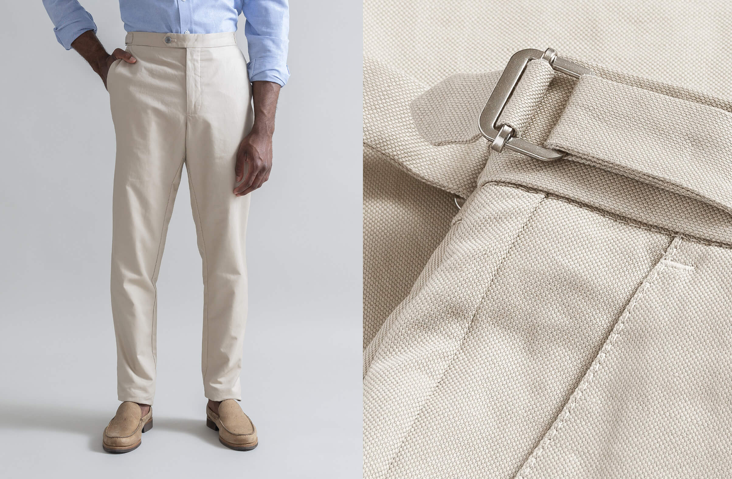 Split image showing the Ledbury All Season Dress Chino with side tabs on a model on the left, and fabric closeup on the right.