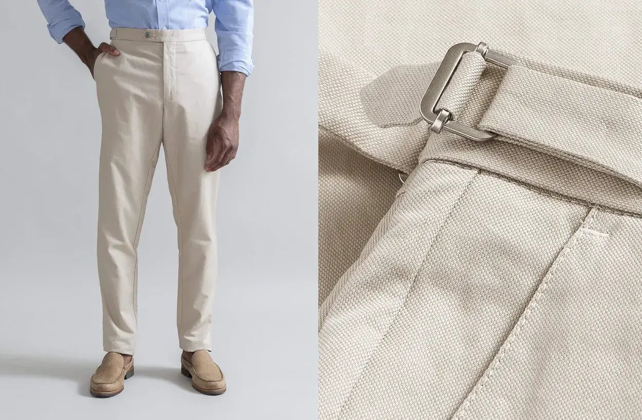 Split image showing the Ledbury All Season Dress Chino with side tabs on a model on the left, and fabric closeup on the right.
