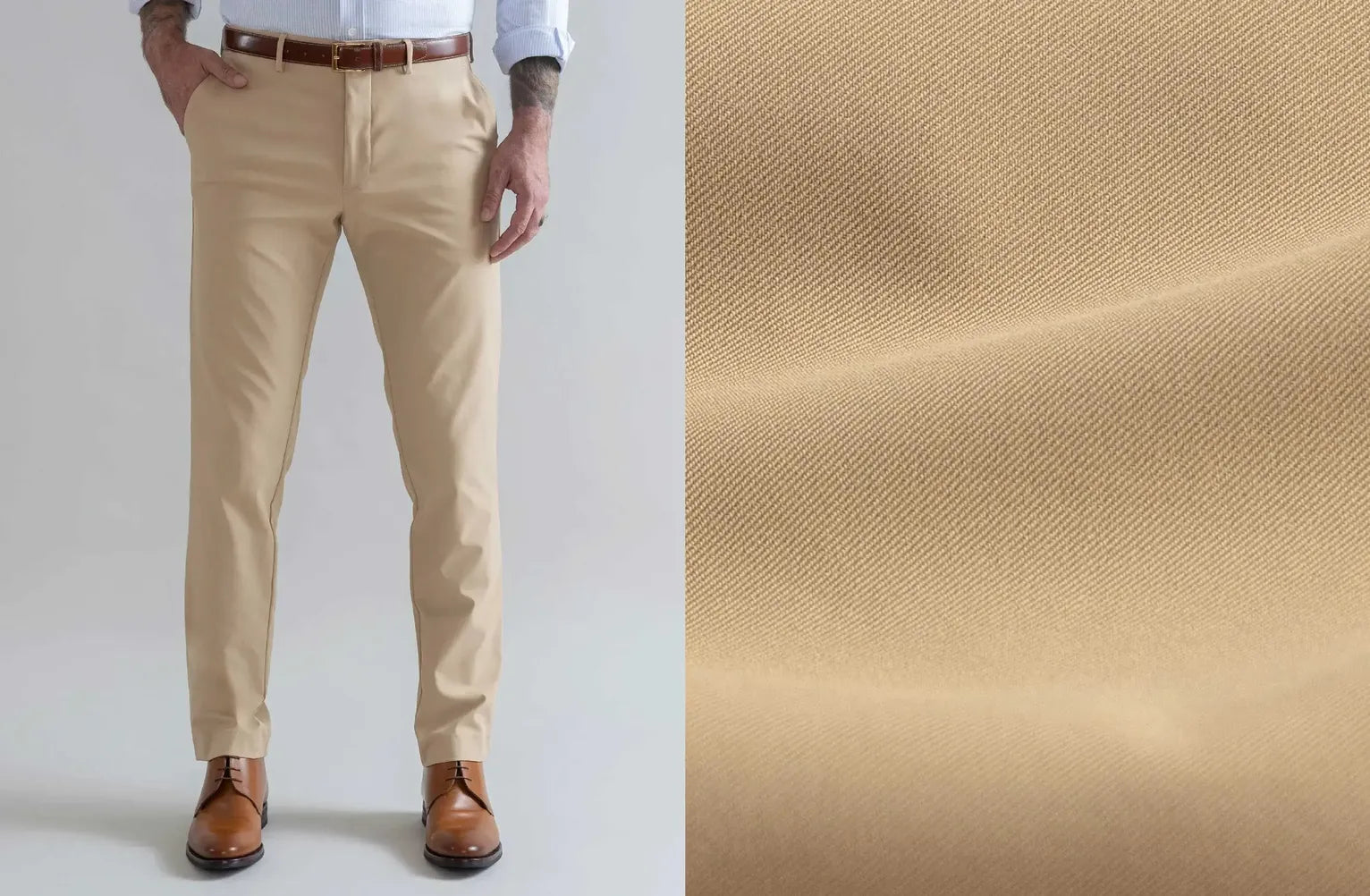 Beige pants worn by a person on the left side of the image with a close-up of beige fabric texture on the right.