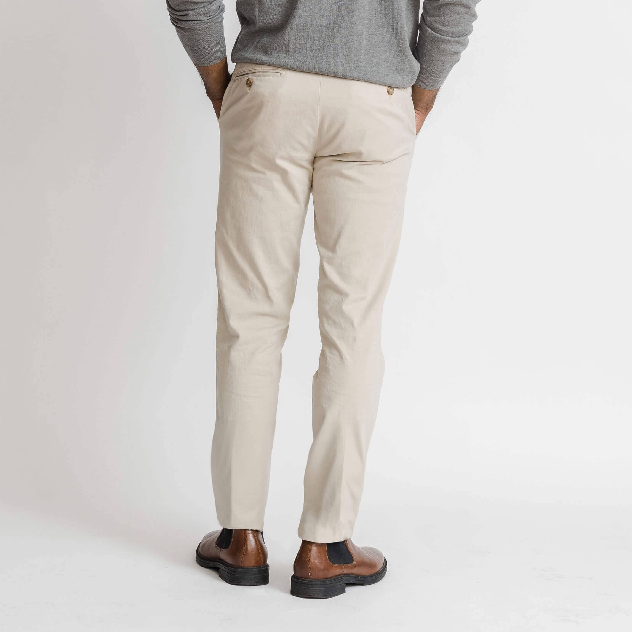 Men's tan chino pants close-up - Richmond fit tailored style