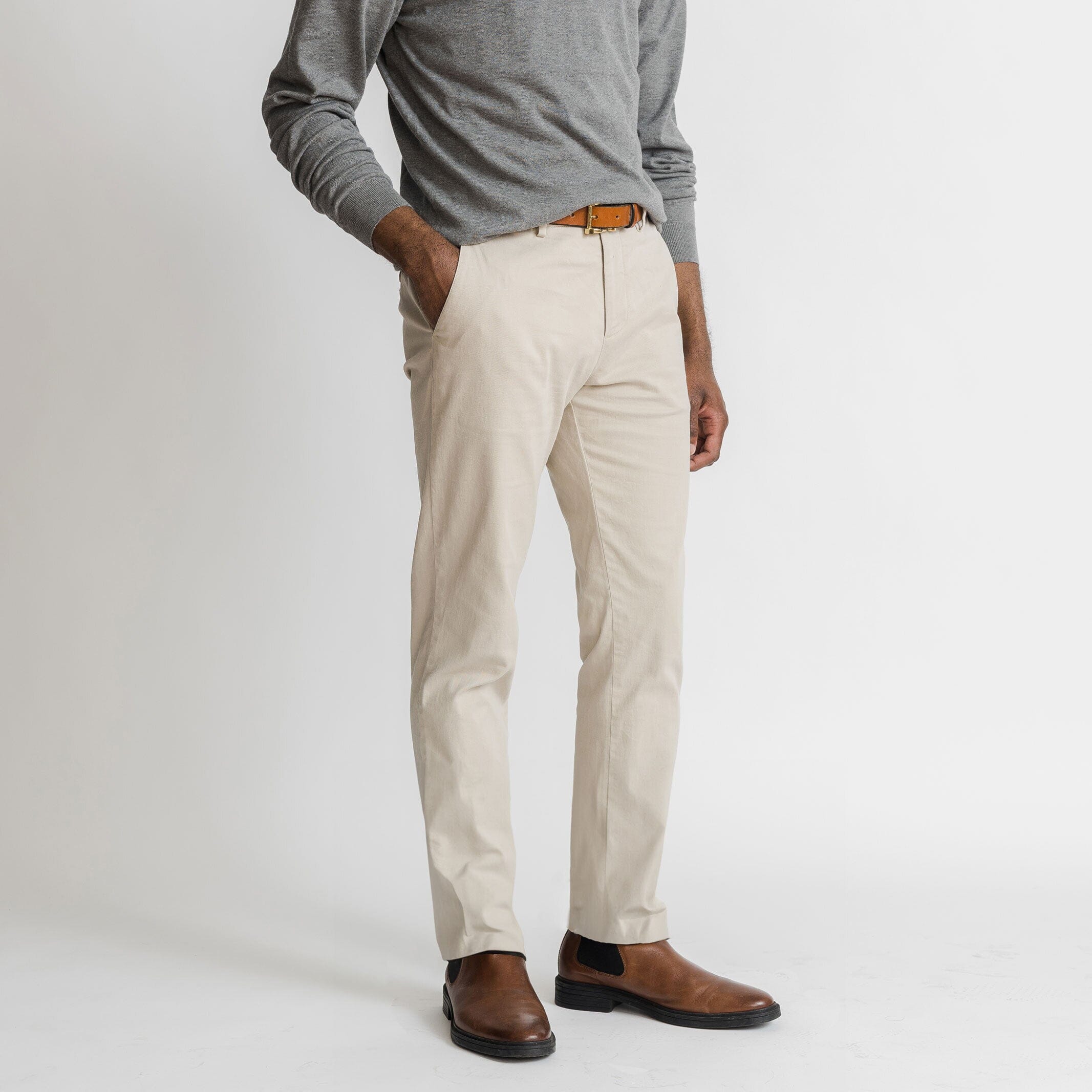 Man wearing tan twill chinos by Ledbury