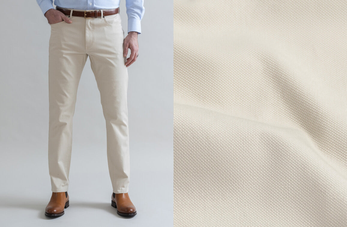 Split image showing the Ledbury Stretch Franklin 5 Pocket on a model on the left, and fabric closeup on the right.