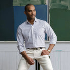 Man wearing orange Journey Flex performance windowpane dress shirt - wrinkle-resistant stretch fabric