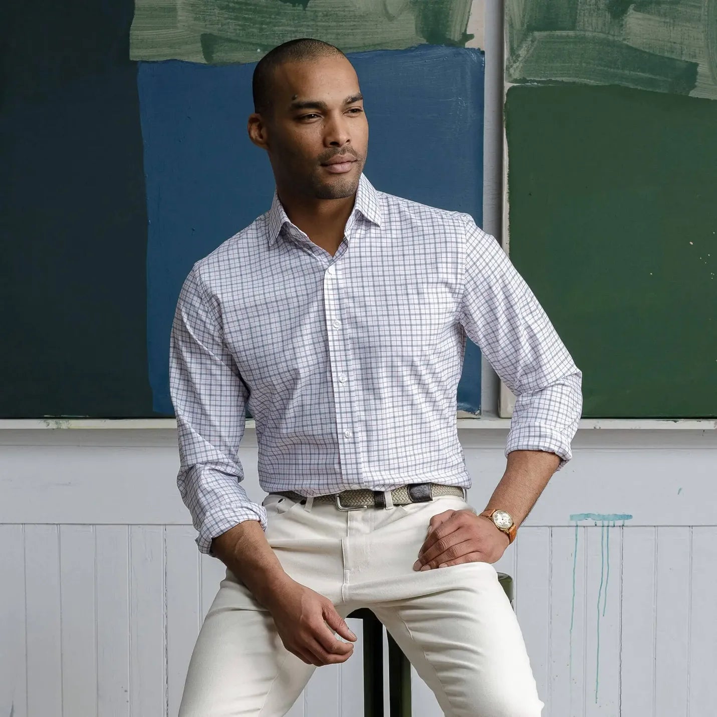 Man wearing orange Journey Flex performance windowpane dress shirt - wrinkle-resistant stretch fabric