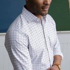 Man wearing orange windowpane Journey Flex dress shirt - wrinkle-free performance fabric closeup