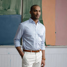 Man wearing light pink tattersall dress shirt - Kent micro-twill