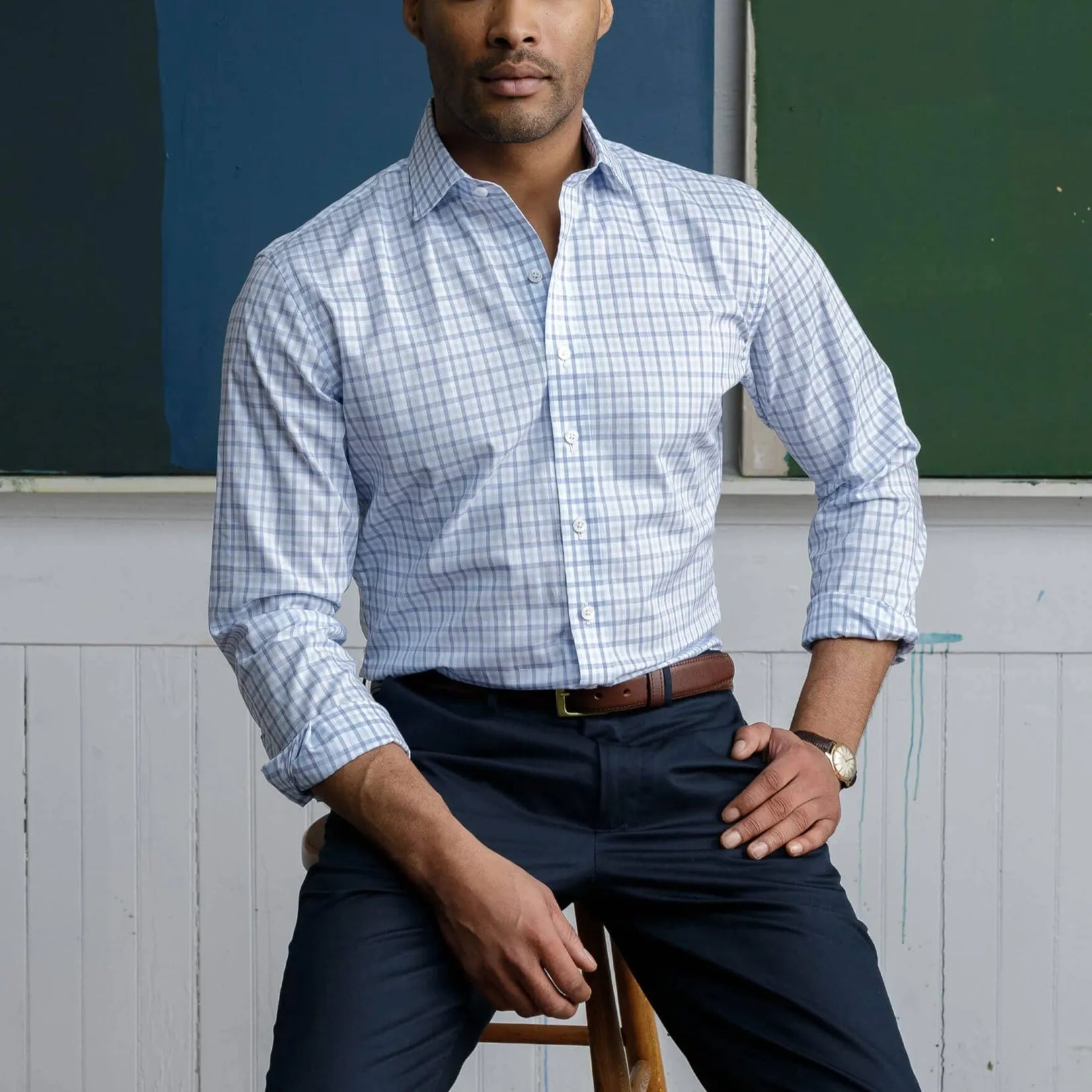 Model wearing navy blue comfort stretch custom dress shirt