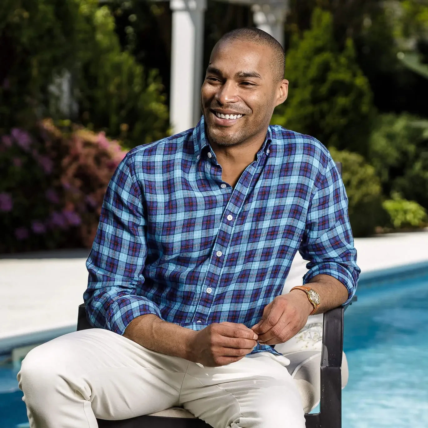 Man wearing Albini Brody linen plaid shirt lifestyle - Ledbury custom fit linen