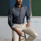 Man wearing charcoal grey dress shirt - non-iron custom fit business shirt