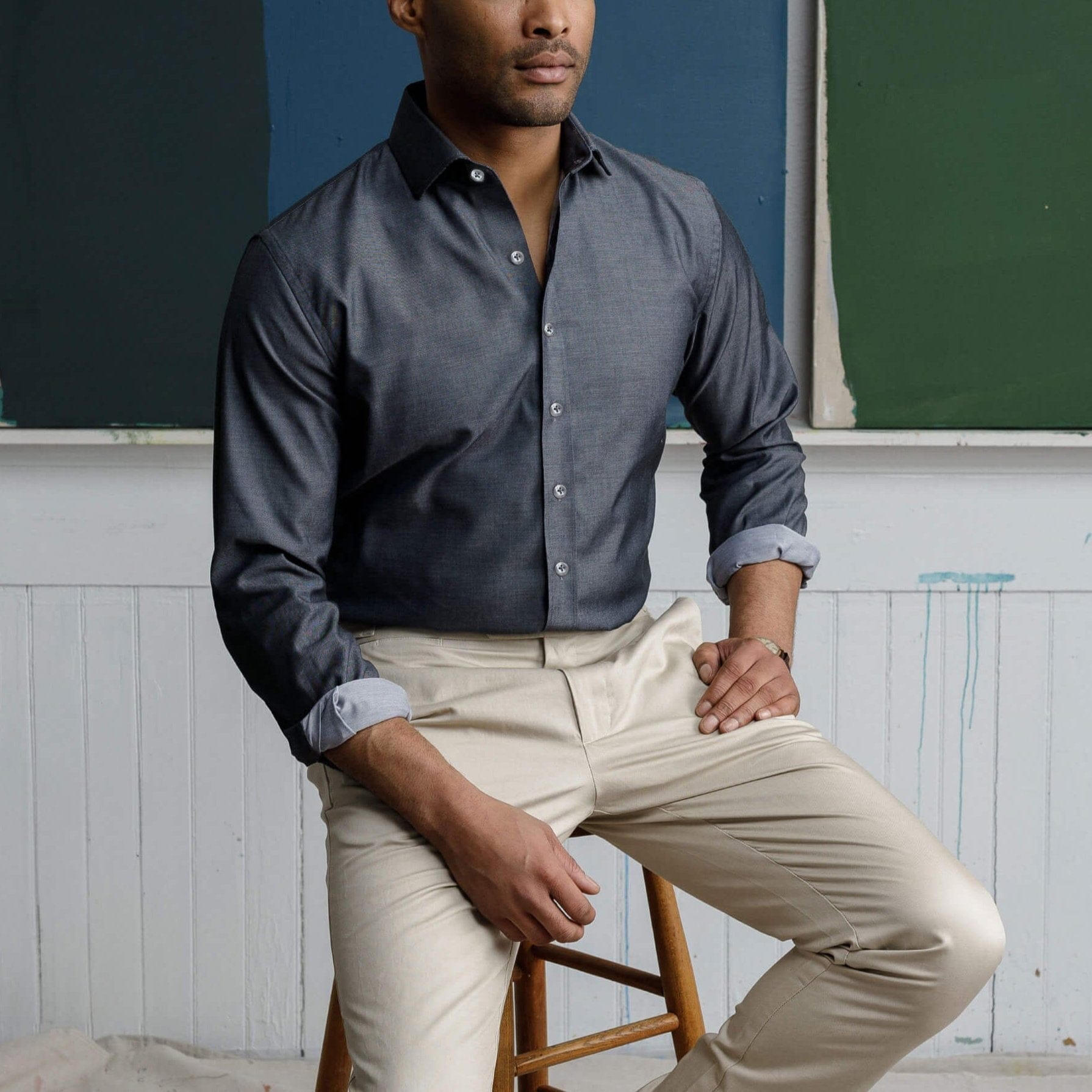 Man wearing charcoal grey dress shirt - non-iron custom fit business shirt