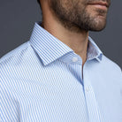 Non-iron stripe dress shirt collar on a model - wrinkle-resistant finish
