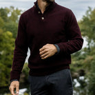 Dark Burgundy Brewer Mock Neck Sweater styled in second lifestyle shot, showing fit