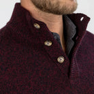 Three-button ribbed mock collar detail on the Dark Burgundy Brewer Mock Neck Sweater