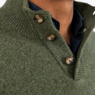 Three-button ribbed mock collar detail on the Sage Brewer Mock Neck Sweater