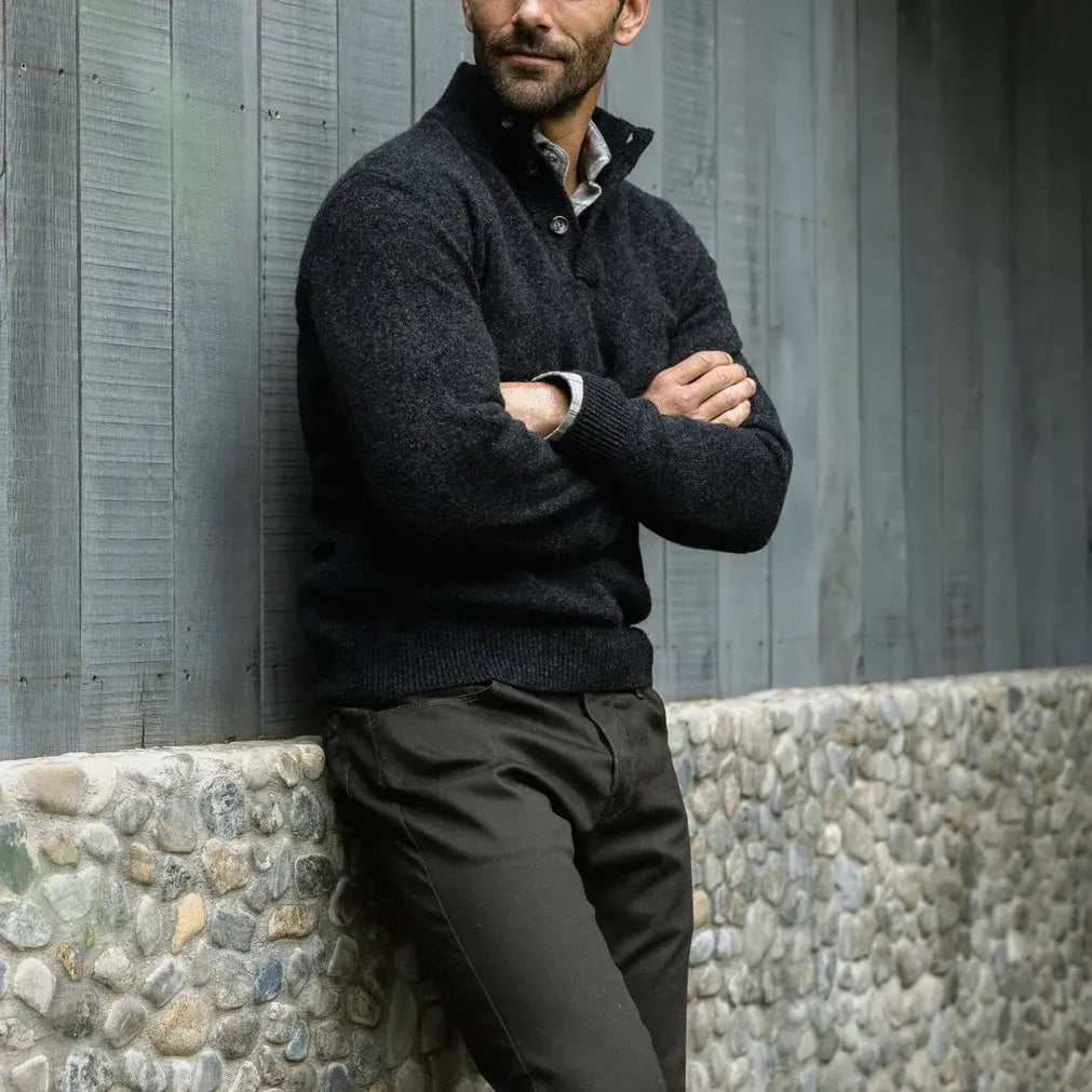 Dark Grey Brewer Mock Neck Sweater worn in lifestyle setting, layered over a dress shirt