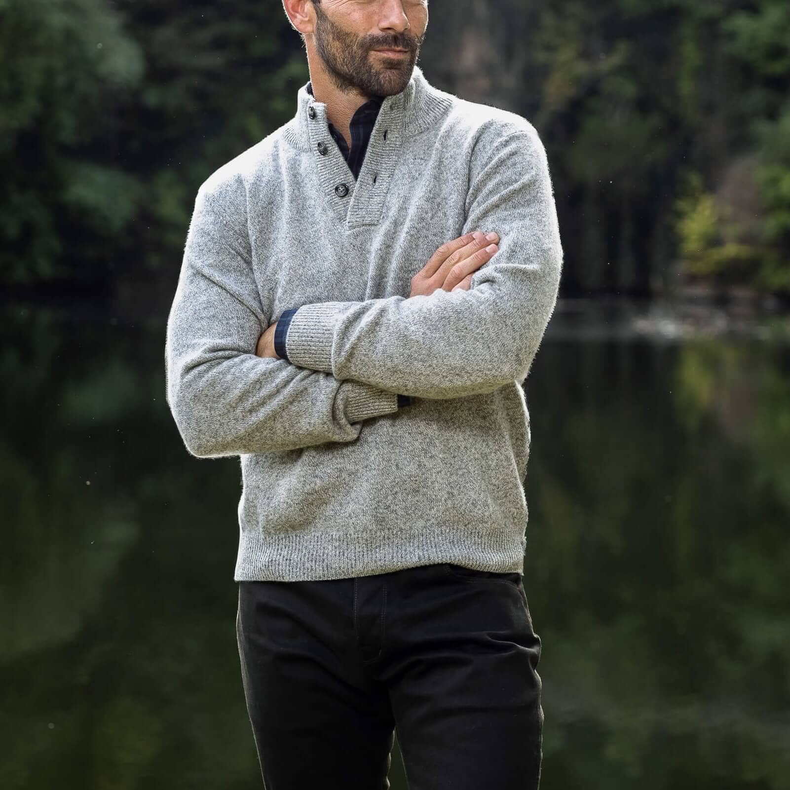 Smoke Heather Brewer Mock Neck Sweater worn in lifestyle setting over a black dress shirt