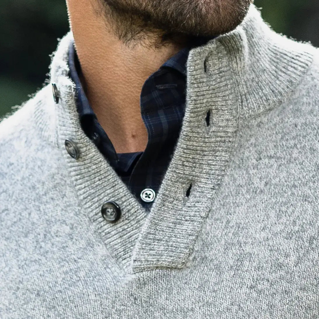 Three-button ribbed mock collar detail on the Smoke Heather Brewer Mock Neck Sweater