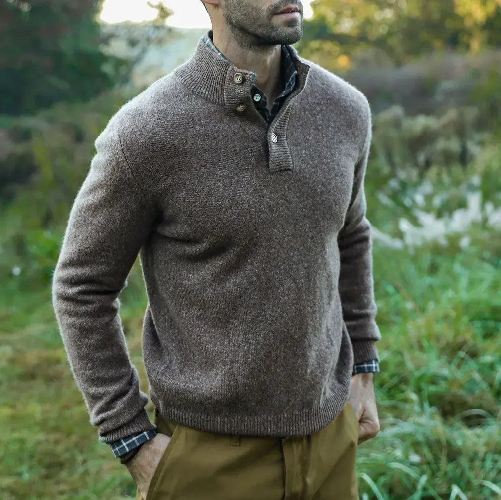Seal Heather Brewer Mock Neck Sweater on model, full-length view showing fit and drape