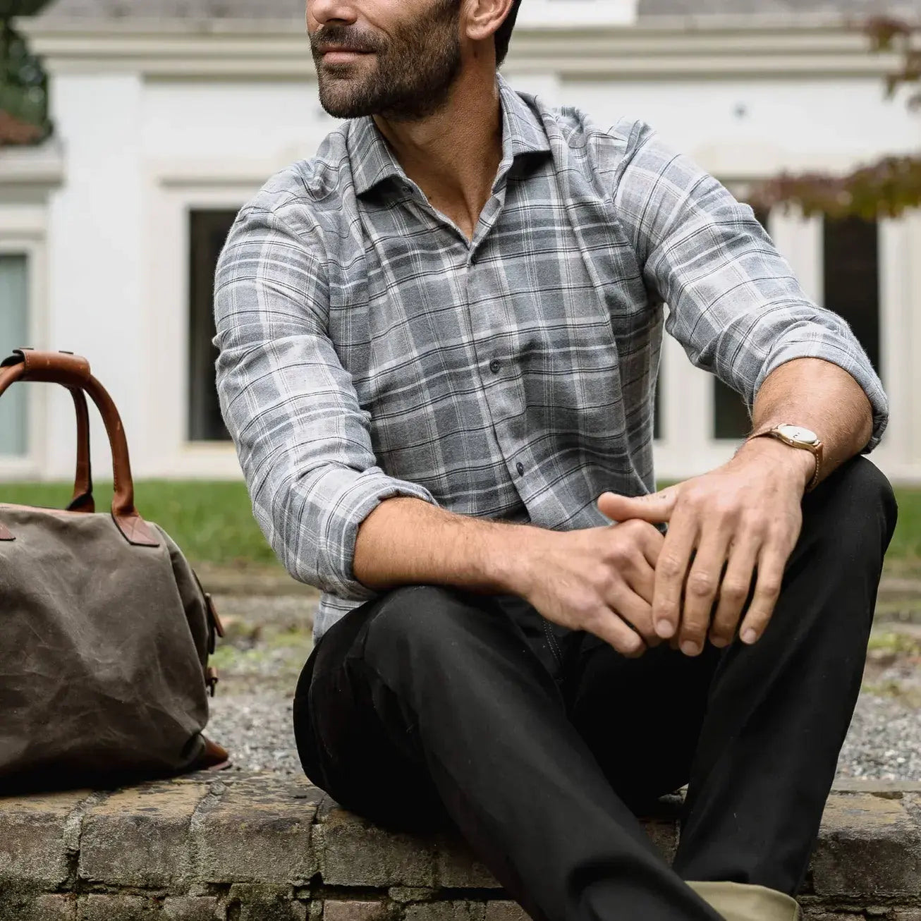 Man wearing Light Grey Callisto Plaid flannel shirt - casual lifestyle photo