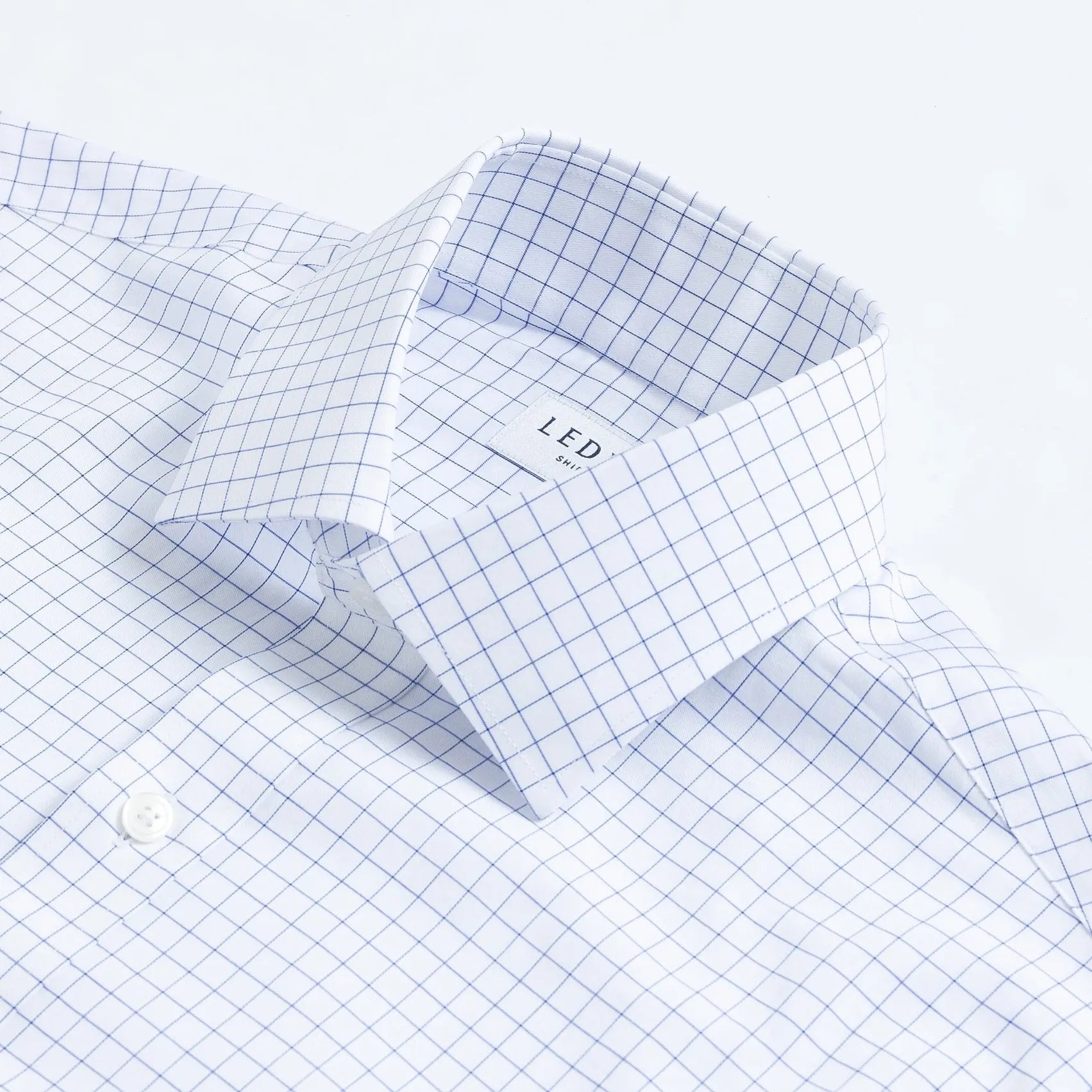 Custom dress shirt blue Cliffe windowpane pattern close-up