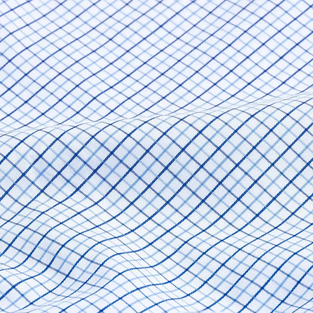 Custom dress shirt blue Hughes check pattern close-up