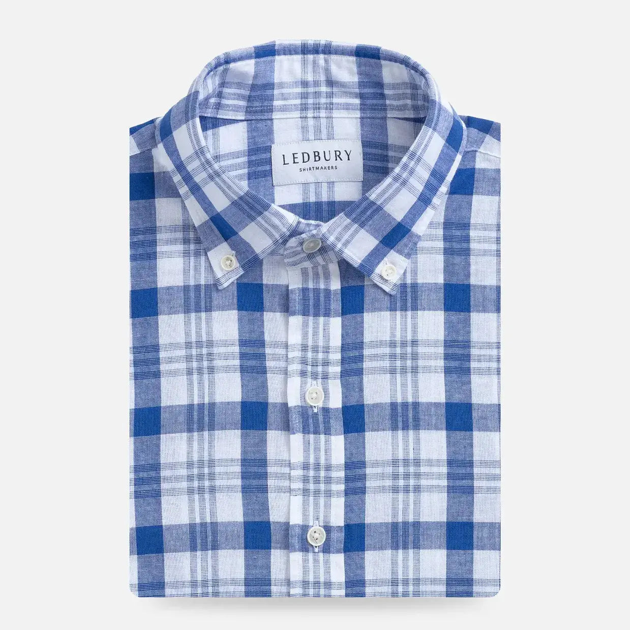 Blue plaid cotton linen shirt flat lay - Ledbury Joyner 70/30 blend custom shirt