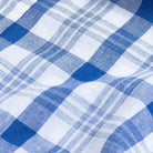 Blue plaid cotton linen fabric close-up - 70% cotton 30% linen Joyner texture