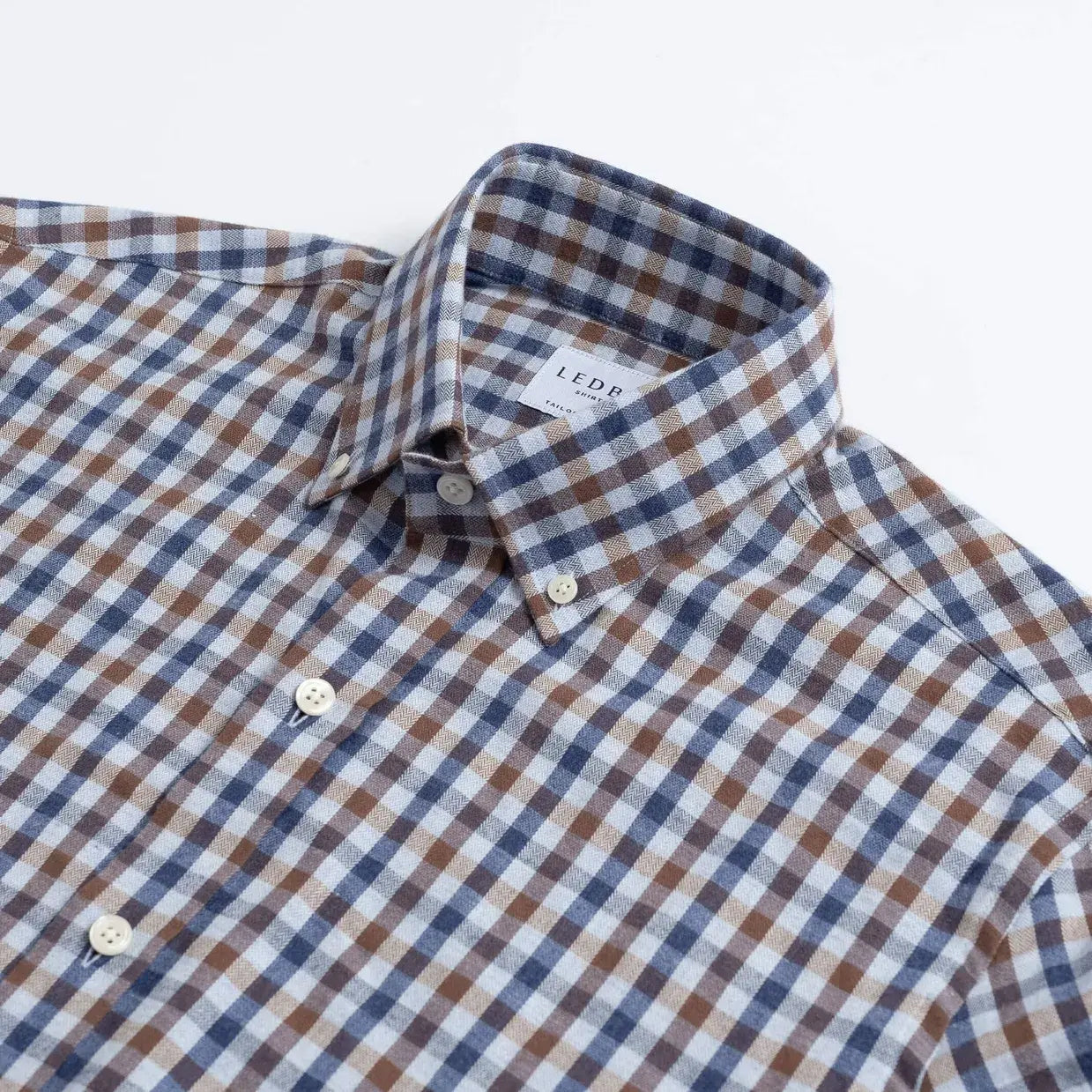 Kyger Check shirt button-down collar detail - brushed herringbone weave close-up