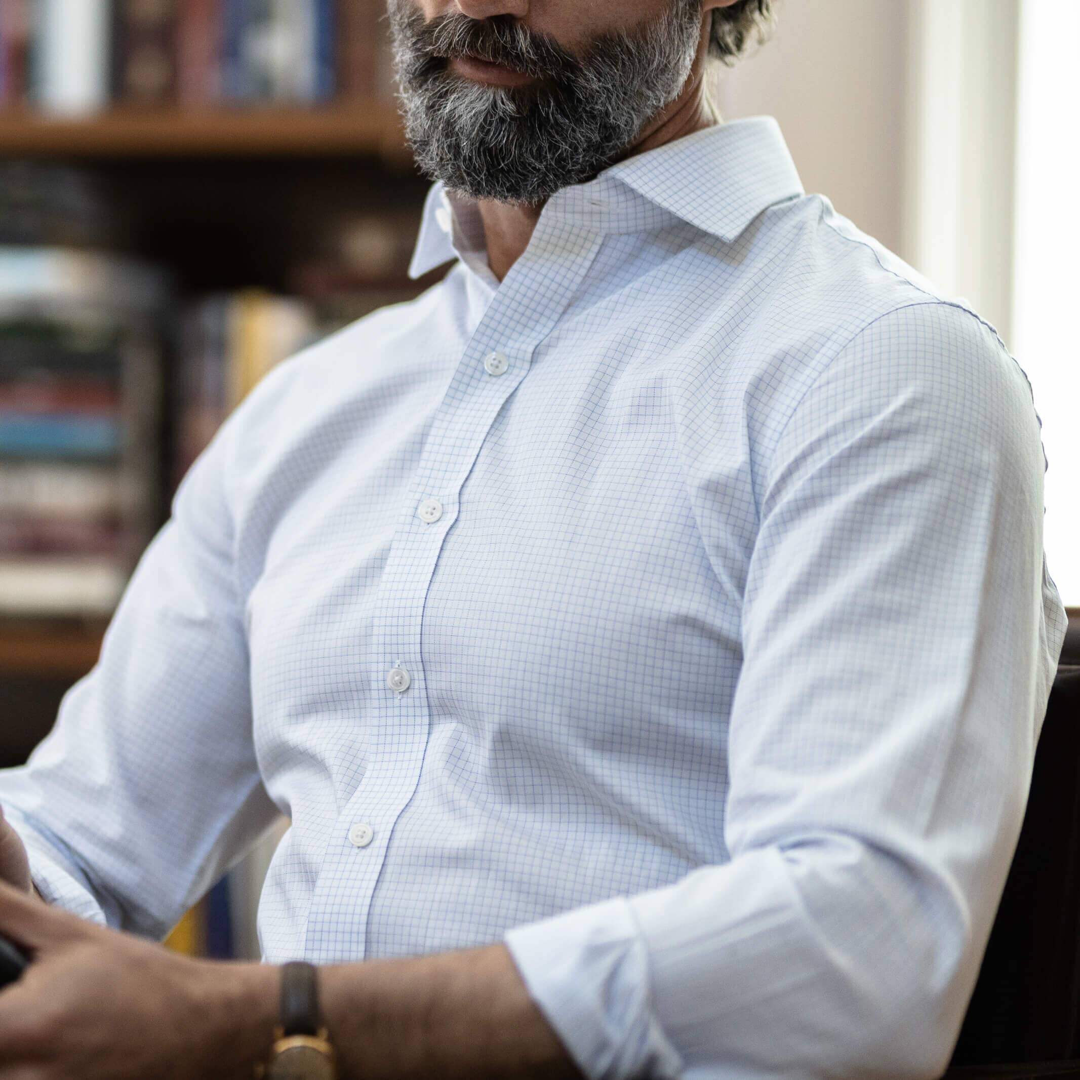 Model showcasing navy herringbone check custom fit dress shirt