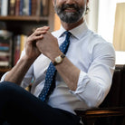 Professional wearing navy tonal check dress shirt lifestyle