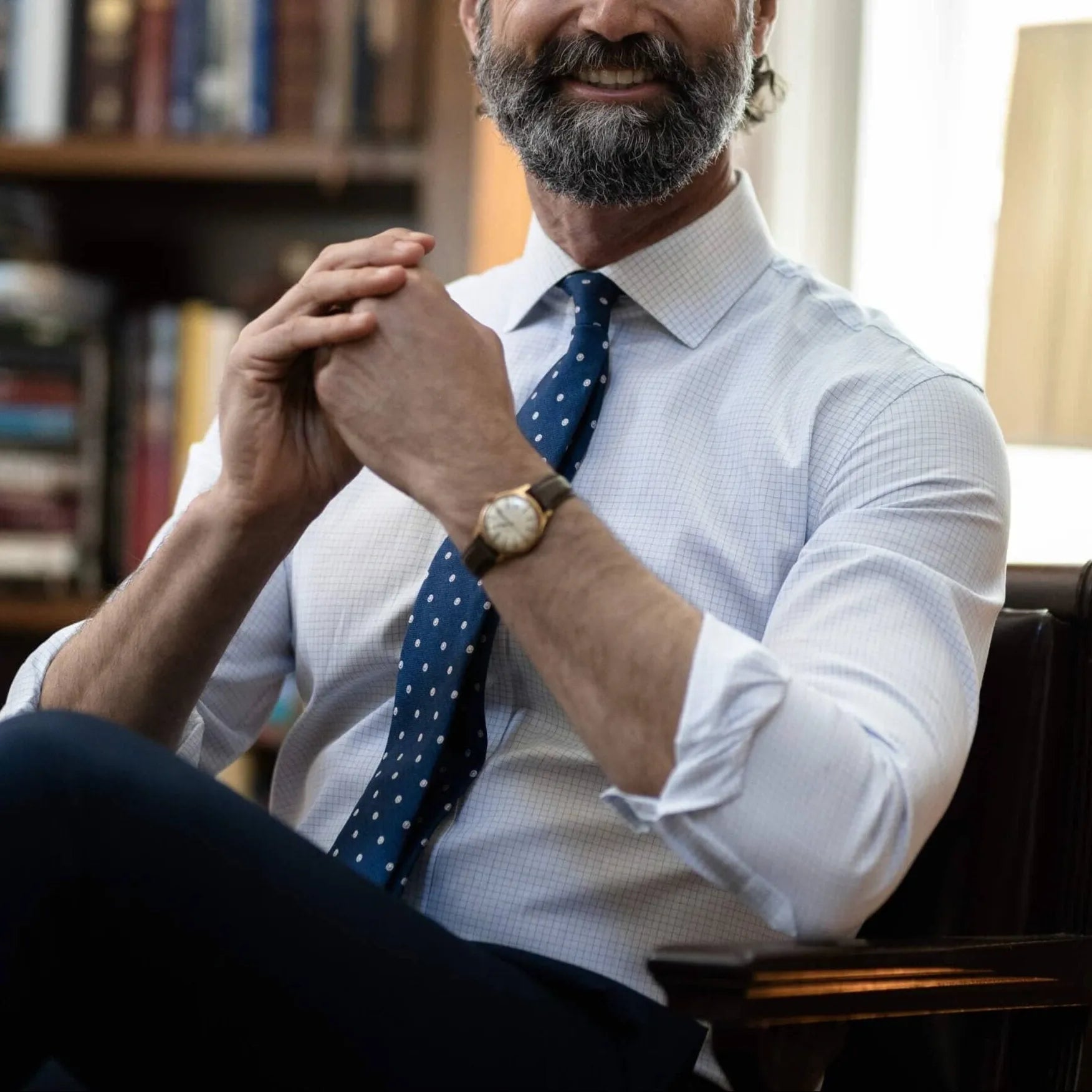 Professional wearing navy tonal check dress shirt lifestyle