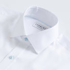 White dress shirt collar with light blue button detail - fine twill custom shirt