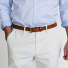 Men's natural stone chino pants close-up - Richmond fit tailored style
