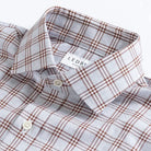 Rustic brown Arnett plaid collar detail - semi-spread Quint collar
