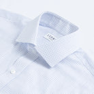 Navy check dress shirt collar construction detail