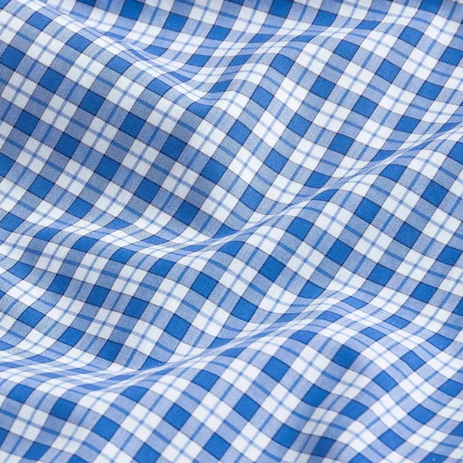 Cobalt plaid fabric close-up - Thomas Mason archive Albini-woven 100s poplin