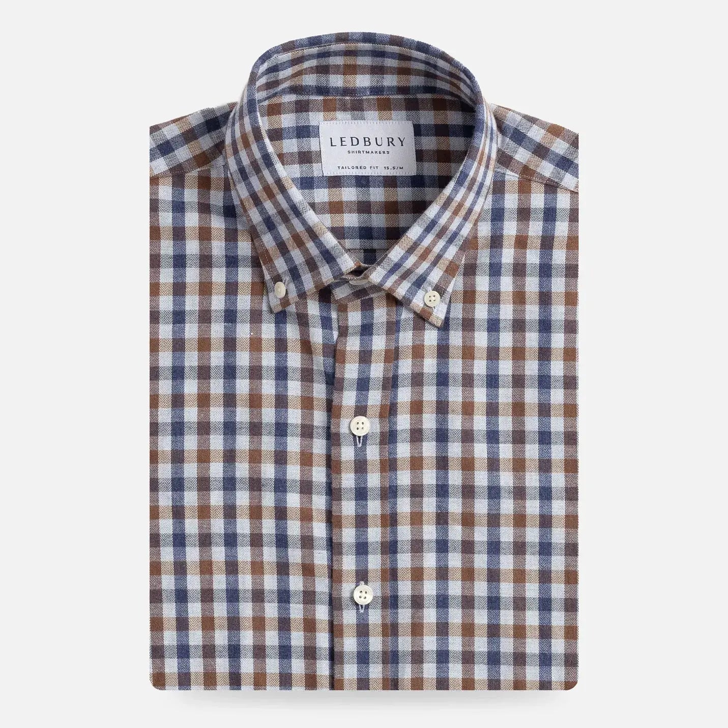 Kyger Check custom shirt in light blue brown navy brushed herringbone cotton - front view