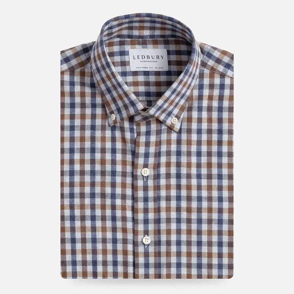Kyger Check custom shirt in light blue brown navy brushed herringbone cotton - front view